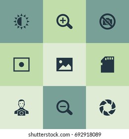 Vector Illustration Set Of Simple Photography Icons. Elements Registration, Rustication, Prohibited Camera And Other Synonyms Enrollment, Micro And Camera.