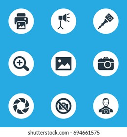 Vector Illustration Set Of Simple Photography Icons. Elements Lens, Movable Camcorder, Apparatus Photographer And Other Synonyms Augment, Zoom And Image.