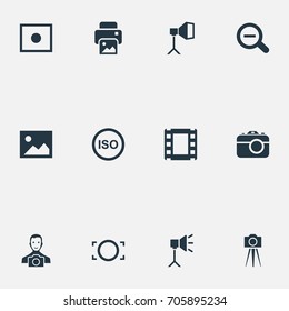 Vector Illustration Set Of Simple Photography Icons. Elements Luminous Origin, Rustication, Rim And Other Synonyms Copier, Recording And Removal.