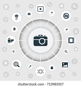 Vector Illustration Set Of Simple Photography Icons. Elements Magnifying, Photograph, Inkjet And Other Synonyms Copier, Removal And Camera.