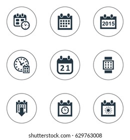 Vector Illustration Set Of Simple Plan Icons. Elements Date, Annual, Agenda And Other Synonyms Agenda, Sun And Deadline.
