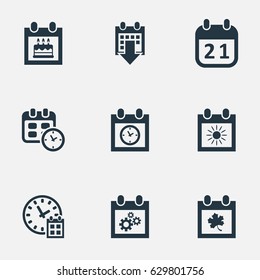 Vector Illustration Set Of Simple Plan Icons. Elements Special Day, Leaf, History And Other Synonyms Summer, Date And Wheel.