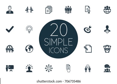 Vector Illustration Set Of Simple Plan Icons. Elements Think, Hand Cursor, Global Trade Synonyms Hr, Plan And People.