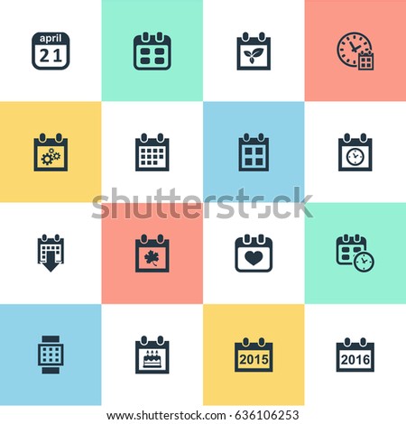 Vector Illustration Set Of Simple Plan Icons. Elements Date Block, Leaf, 2016 Calendar And Other Synonyms Time, Block And Heart.