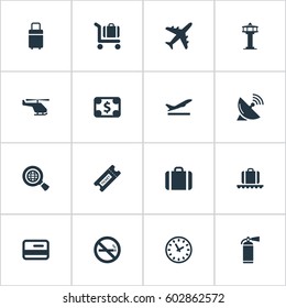 Vector Illustration Set Of Simple Plane Icons. Elements Cigarette Forbidden, Flight Control Tower, Takeoff And Other Synonyms Card, Cart And Dollar.