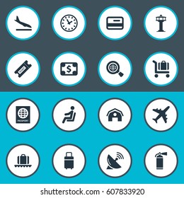 Vector Illustration Set Of Simple Plane Icons. Elements Flight Control Tower, Alighting Plane, Seat And Other Synonyms Seat, Conveyor And Extinguisher.