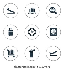 Vector Illustration Set Of Simple Plane Icons. Elements Global Research, Baggage Cart, Takeoff And Other Synonyms Trolley, Earth And Airplane.