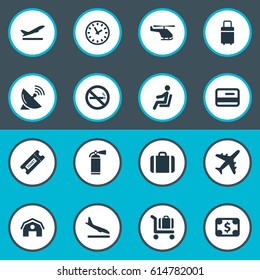 Vector Illustration Set Of Simple Plane Icons. Elements Antenna, Garage, Protection Tool And Other Synonyms Trolley, Sitting And Satelite.