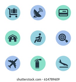 Vector Illustration Set Of Simple Plane Icons. Elements Alighting Plane, Seat, Antenna And Other Synonyms Satelite, Protection And Wold.