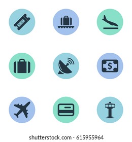 Vector Illustration Set Of Simple Plane Icons. Elements Flight Control Tower, Luggage Carousel, Antenna And Other Synonyms Alighting, Plane And Airplane.