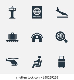 Vector Illustration Set Of Simple Plane Icons. Elements Travel Bag, Alighting Plane, Seat And Other Synonyms Man, Luggage And Alighting.