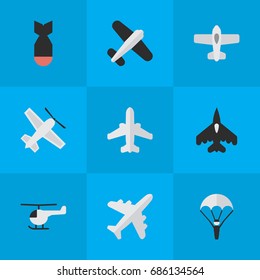 Vector Illustration Set Of Simple Plane Icons. Elements Aircraft, Craft, Flying Vehicle And Other Synonyms Man, Aircraft And Craft.