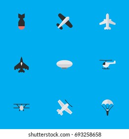 Vector Illustration Set Of Simple Plane Icons. Elements Airplane, Flying Vehicle, Aviation And Other Synonyms Chopper, Parachute And Airplane.