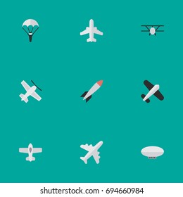 Vector Illustration Set Of Simple Plane Icons. Elements Balloons, Catapults, Craft And Other Synonyms Rocket, Vehicle And Flying.