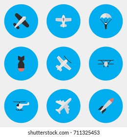 Vector Illustration Set Of Simple Plane Icons. Elements Catapults, Plane, Aircraft And Other Synonyms Vehicle, Helicopter And Aviation.