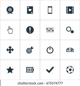 Vector Illustration Set Of Simple Play Icons. Elements Arrows, Mixer, Phone And Other Synonyms Low, Check And Cards.