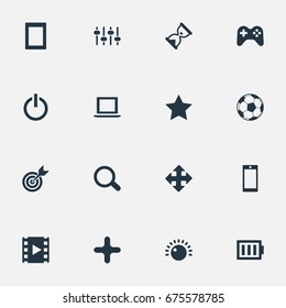 Vector Illustration Set Of Simple Play Icons. Elements Notebook, Video, Arrows And Other Synonyms Shut, Phone And Charge.