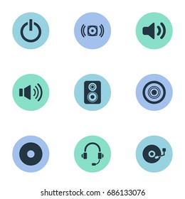 Vector Illustration Set Of Simple Play Icons. Elements Turntable, New Album, Volume And Other Synonyms Power, Headset And Disk.