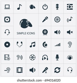 Vector Illustration Set Of Simple Play Icons. Elements Karaoke, Volume, Song And Other Synonyms Headphone, Tape And Earphones.