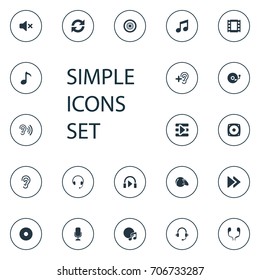 Vector Illustration Set Of Simple Play Icons. Elements Compact Disk, Microphone, Subwoofer And Other Synonyms Podcast, Sound And Movie.