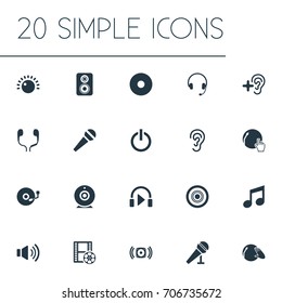 Vector Illustration Set Of Simple Play Icons. Elements Mike, Camera, Headset And Other Synonyms Mike, Earphone And Partymaker.