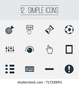 Vector Illustration Set Of Simple Play Icons. Elements Touch Screen, Display, Hourglass And Other Synonyms Cursor, Soccer And Select.