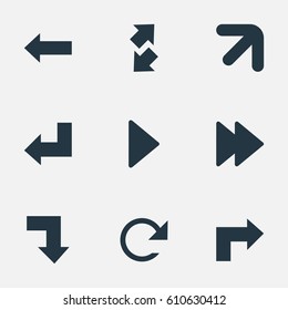 Vector Illustration Set Of Simple Pointer Icons. Elements Right-Up, Right Leading Arrow, Left Indication And Other Synonyms Down, Arrow And Forward.