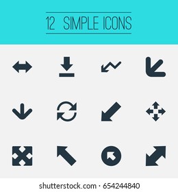 Vector Illustration Set Of Simple Pointer Icons. Elements Straight-Back, Downwards Pointing, Crossed Arrows And Other Synonyms Down, Recycle And Double.