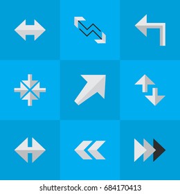 Vector Illustration Set Of Simple Pointer Icons. Elements Inside, Cursor, Indicator And Other Synonyms Turn, Left And Boom.