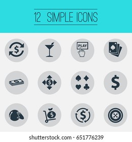 Vector Illustration Set Of Simple Poker Icons. Elements Money Sac, Vinyl Music, Click And Other Synonyms Wheel, Exchange And Sign.