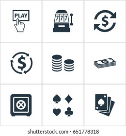 Vector Illustration Set Of Simple Poker Icons. Elements Money Flow, Card Suits, Cash And Other Synonyms Safe, Click And Chips.