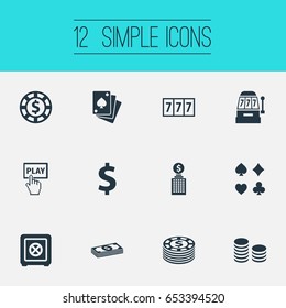 Vector Illustration Set Of Simple Poker Icons. Elements Addiction, Click, Card Suits And Other Synonyms Chip, Currency And Sign.