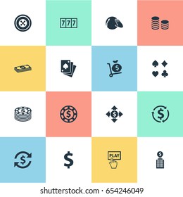Vector Illustration Set Of Simple Poker Icons. Elements Vinyl Music, Income, Wheel And Other Synonyms Slot, Gamer And Vinyl.