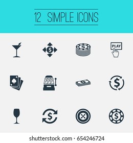 Vector Illustration Set Of Simple Poker Icons. Elements Cash, Income, Chip And Other Synonyms Income, Poker And Alcohol.