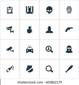 Vector Illustration Set Of Simple Police Icons. Elements Explosive, Identification, Safety And Other Synonyms Bat, Grenade And File.