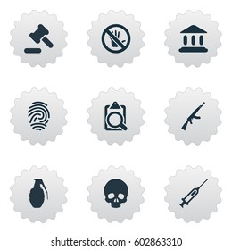 Vector Illustration Set Of Simple Police Icons. Elements Identification, M16, Touch Forbidden And Other Synonyms Bone, Stop And Syringe.