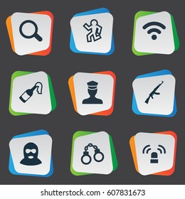 Vector Illustration Set Of Simple Police Icons. Elements Dead Man, Lock, Internet And Other Synonyms Cocktail, Solider And Policeman.