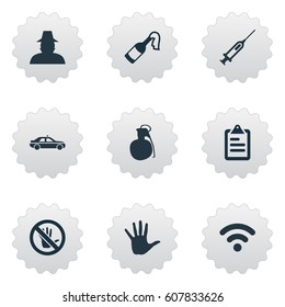 Vector Illustration Set Of Simple Police Icons. Elements Inspector, Vaccine, Explosive And Other Synonyms Detective, Volunteer And Inspector.