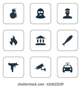 Vector Illustration Set Of Simple Police Icons. Elements Thief, Sheriff, Blaze And Other Synonyms Gangster, Court And Explosive.