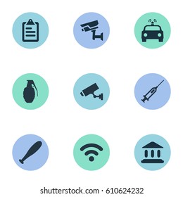 Vector Illustration Set Of Simple Police Icons. Elements Internet, Judicial House, Checklist And Other Synonyms Cctv, Safety And Grenade.