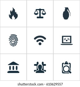 Vector Illustration Set Of Simple Police Icons. Elements Identification, Explode, Arrested And Other Synonyms Searching, Explode And Document.