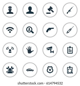 Vector Illustration Set Of Simple Police Icons. Elements File, Policeman Star, Internet And Other Synonyms Hammer, Detective And Volunteer.
