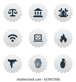 Vector Illustration Set Of Simple Police Icons. Elements Judicial House, Grid, Blaze And Other Synonyms Justice, Internet And Gun. Vector Illustration Set Of Simple Police Icons. Elements Judicial House, Grid, Blaze And Other Synonyms Justice, Internet And Gun.