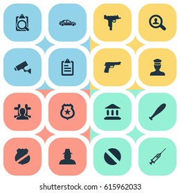 Vector Illustration Set Of Simple Police Icons. Elements Safety, Inspector, Officer Badge And Other Synonyms Inoculation, Bat And Court.