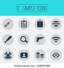 Vector Illustration Set Of Simple Police Icons. Elements Checklist, Badge, Vaccine And Other Synonyms Stick, Stack And Pistol.