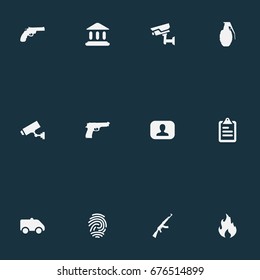 Vector Illustration Set Of Simple Police Icons. Elements Pistol, Judicial House, Explode And Other Synonyms Danger, Alarm And Court.