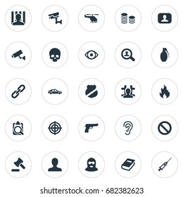 Vector Illustration Set Of Simple Police Icons. Elements Automobile, Thief, Sharpshooter And Other Synonyms Judicial, Danger And Handgun.