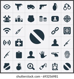 Vector Illustration Set Of Simple Police Icons. Elements Cash, Explode, Inspector And Other Synonyms Internet, Fingers And Handgun.