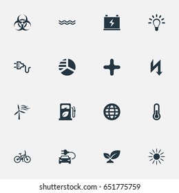 Vector Illustration Set Of Simple Power Icons. Elements Diagram, Socket, Fahrenheit And Other Synonyms Wind, Battery And Velocipede.