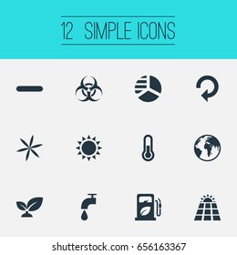 Vector Illustration Set Of Simple Power Icons. Elements Biology Peril, Daylight, Sun Power And Other Synonyms Water, Floret And Weed.